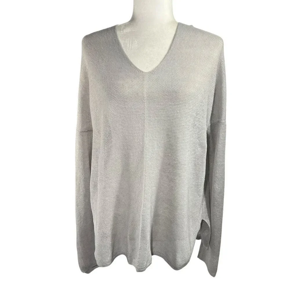 Margaret O'Leary Medium Lightweight Gray V-Neck Sweater Open Knit Linen